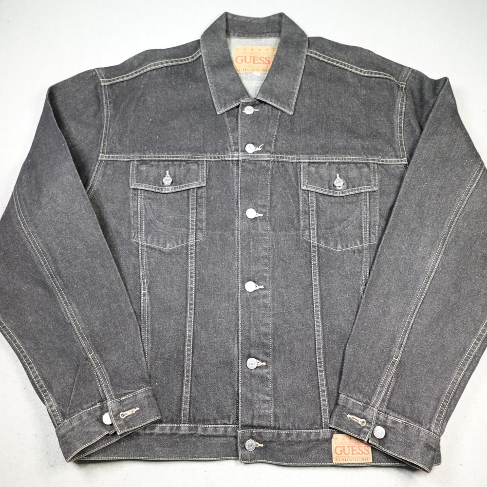 Vintage Guess Jacket Mens 2XL Black Denim Trucker 90s Hip Hop USA Made